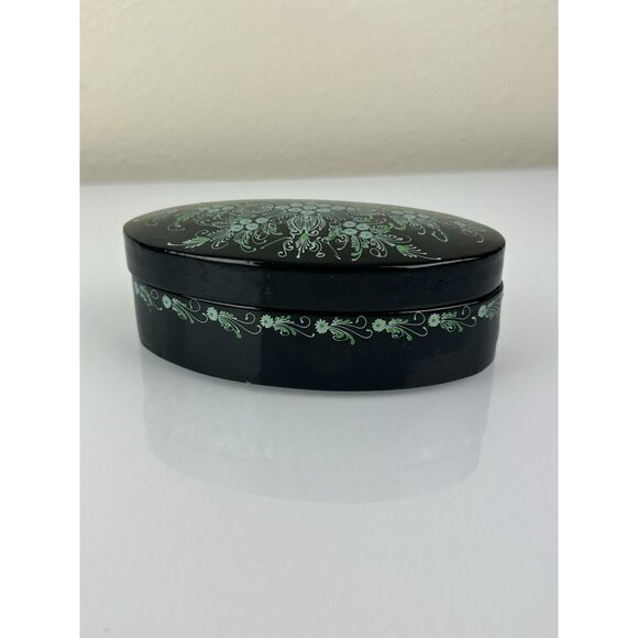 Vintage Green Teal Black Lacquer Oval Trinket Box Floral Pretty Home Decor Vanit - Picture 14 of 14